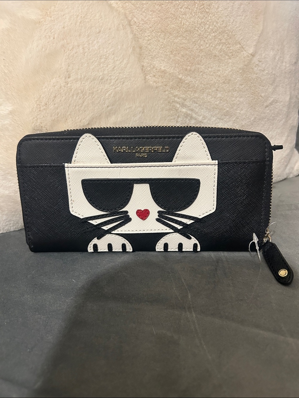 Karl Lagerfeld Black and White Cat Wallet with Heart Accent